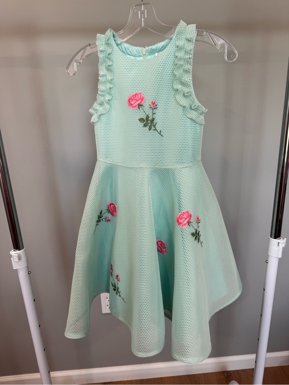 David Charles Girls Mint Green Floral Embroidered Mesh Party Dress